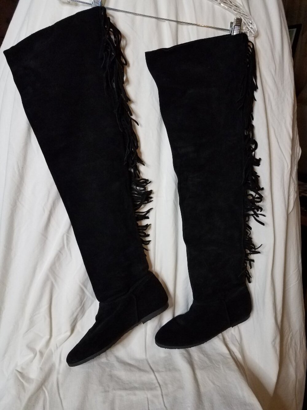 Black Suede Thigh High Fringe Boots